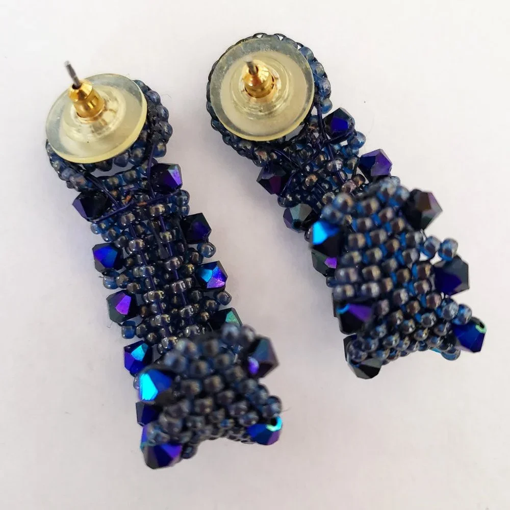 Unique Midnight Blue Black Glass Bead Bendable Wide Earrings Pierced Handmade